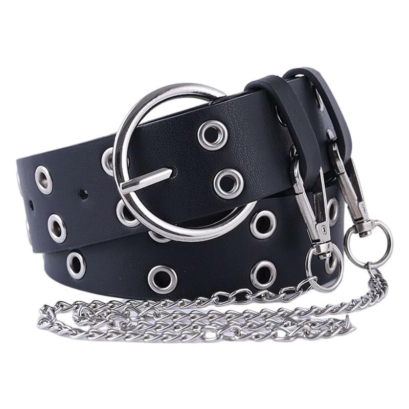 Cinturón de doble ojal con cadena para mujer, correa de cintura de cuero, hebilla de Pin, pretina decorativa, pantalones vaqueros, cinturón de cintura Punk