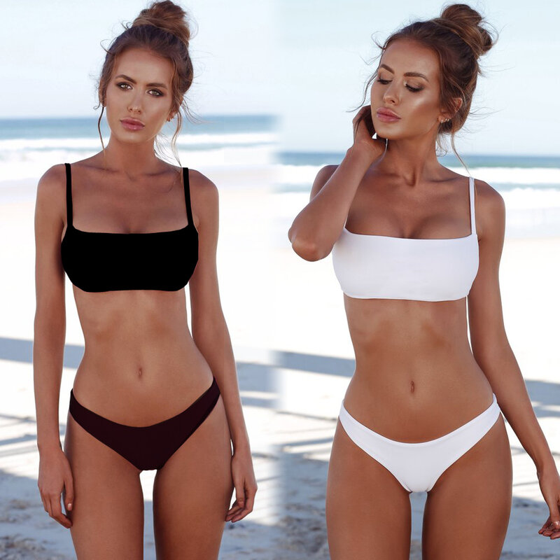 Plavky-Conjunto de Bikini brasileño para mujer, traje de baño liso con realce, color blanco y negro, ropa de playa