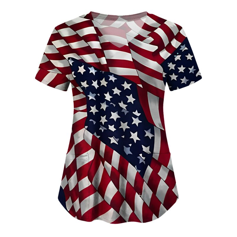 Uniforme d'infirmière pour femmes, t-shirt manches courtes, col en V, avec poches, imprimé USA, 2023