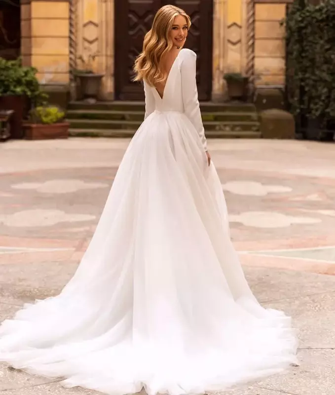 Robe de mariée simple et élégante, ligne A, sexy, col en V, manches longues, traîne, tulle, grande taille, éducative