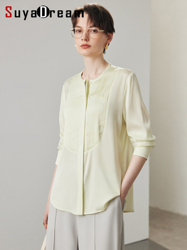 SuyaDream-camisas lisas de 19mm para mujer, camisa 90% de seda, 10% de licra, cuello redondo, Top informal, primavera y verano, 2024