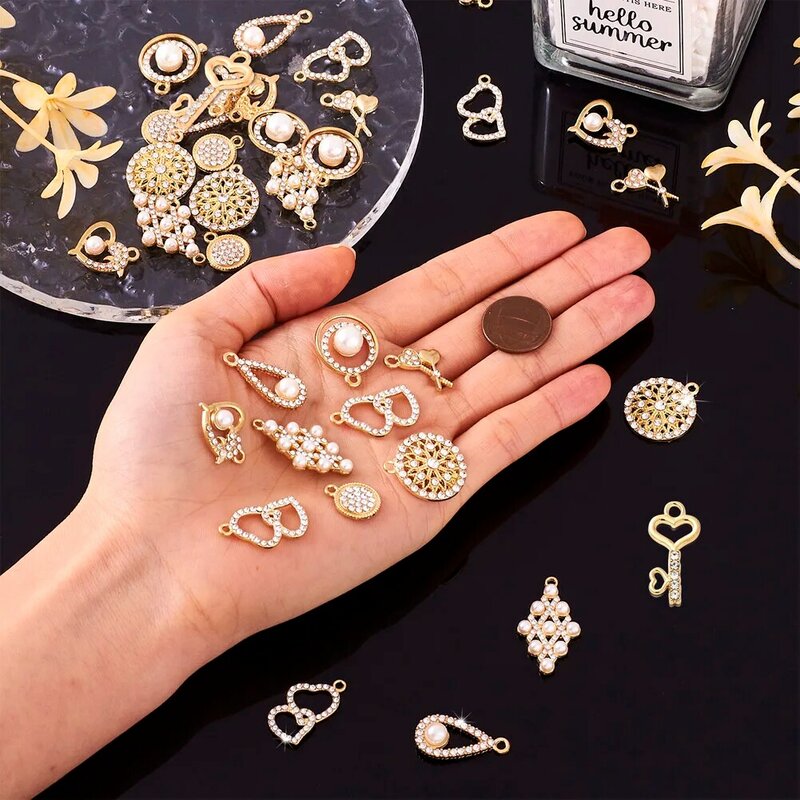 36pcs Crystal Rhinstone Pendant Mix Shaped Imitation Pearl Bead Light Gold Color Alloy Dangle Charms for Necklace Jewelry Making