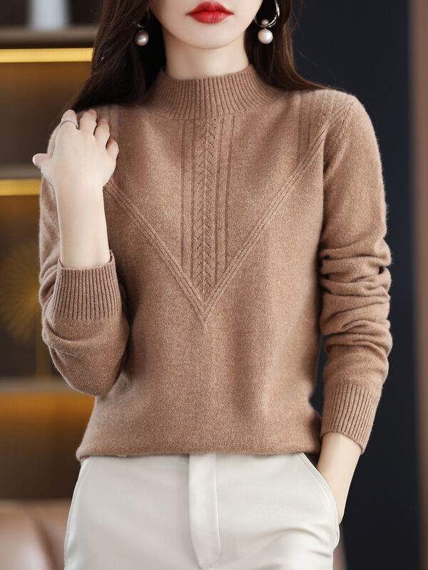 Merino sweater wol wanita lengan panjang, Atasan pakaian rajut dasar lembut untuk wanita, sweater Pullover lengan panjang, leher Mock, musim gugur, musim dingin, 100%