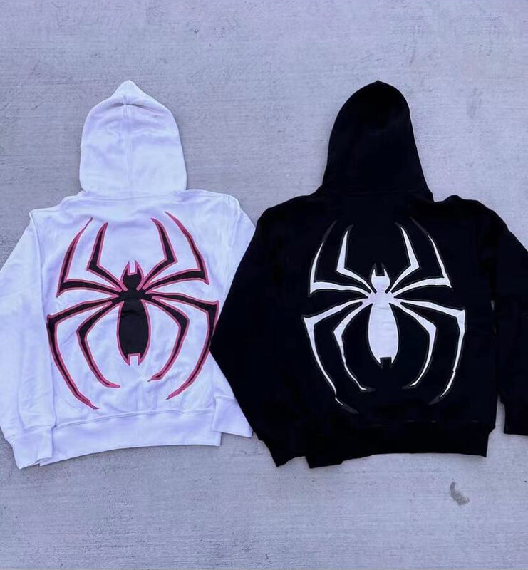 Y2k jaket cetakan laba-laba Pria Wanita, hoodie Hip Hop ritsleting lengan panjang, mantel bertudung longgar kasual Harajuku Musim Dingin dan Gugur