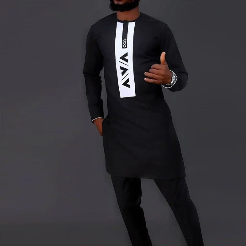 Afrykański styl zestaw ubrań ubranie afrykańskie moda muzułmańska regularne długie rękaw czarny bawełniany wiosenno-jesienny dres