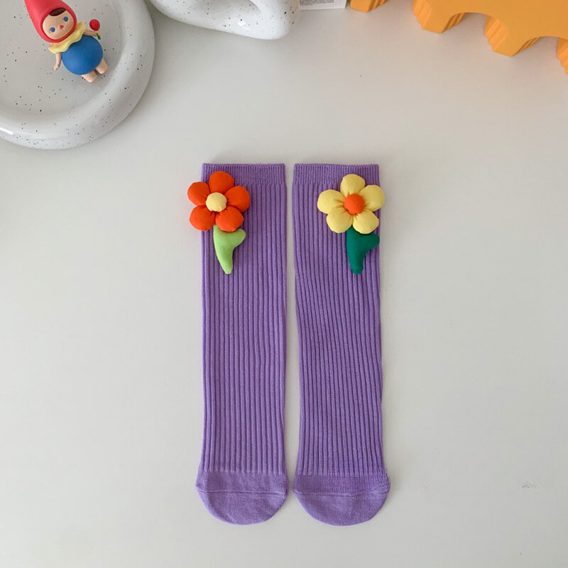Meias infantis flor meio tubo, fofas tridimensionais, meias de pilha de pés de meninas, Ins moda, primavera e outono