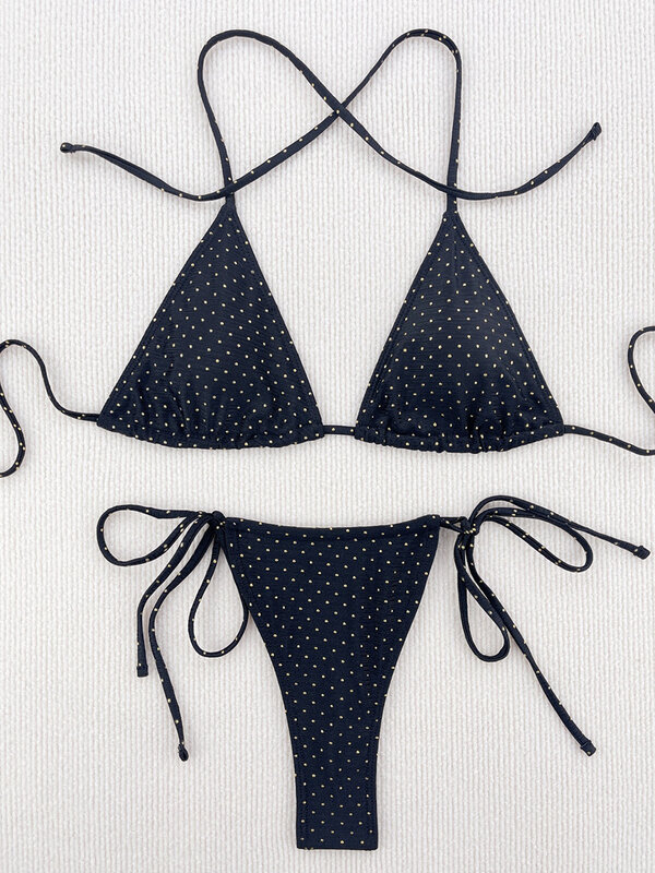 Bikini con diamantes de imitación para mujer, traje de baño con cuello Halter, conjunto de dos piezas, microtanga