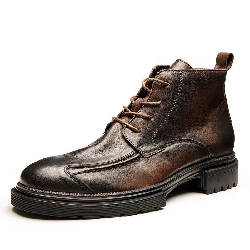 Wysokie buty mężczyźni skórzane buty wysokiej jakości buty z zamkiem błyskawicznym męskie z okrągłym noskiem gruba podeszwa sznurowane botki dla mężczyzn
