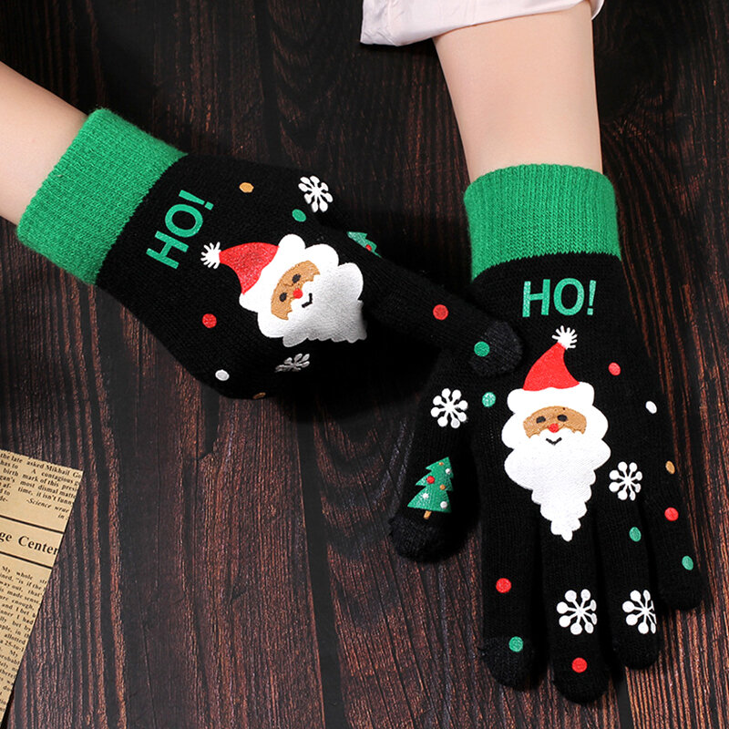 Christmas Knitted Full Finger Gloves For Adults Children Santa Claus Printed Touch Screen Warmer Thickened Gloves New Year Gift