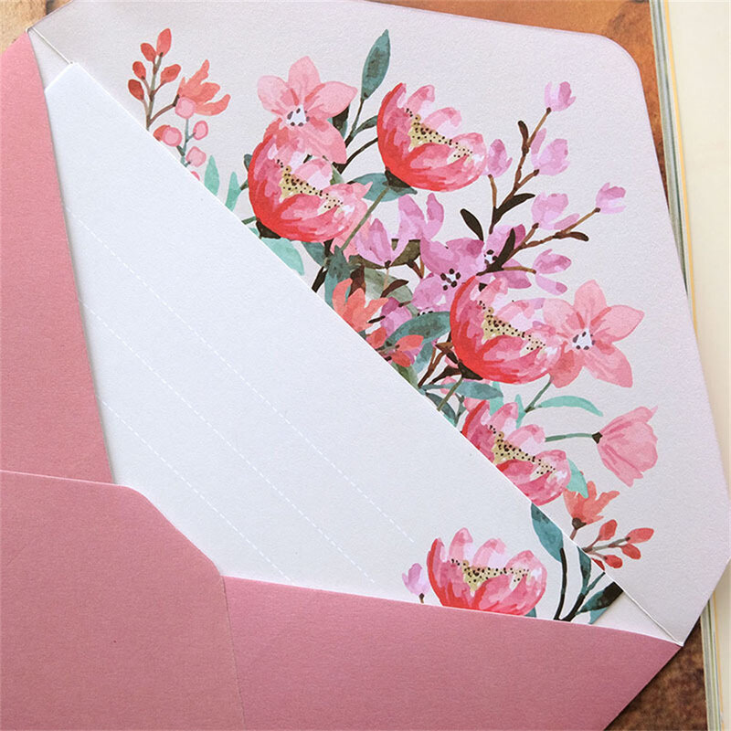 6Pcs พิมพ์ดอกไม้ชุดซองจดหมาย Kawaii เครื่องเขียนงานแต่งงานบัตรอวยพรซองจดหมายเชิญจดหมายกระดาษอุปกรณ์สำนักงานโรงเรียน