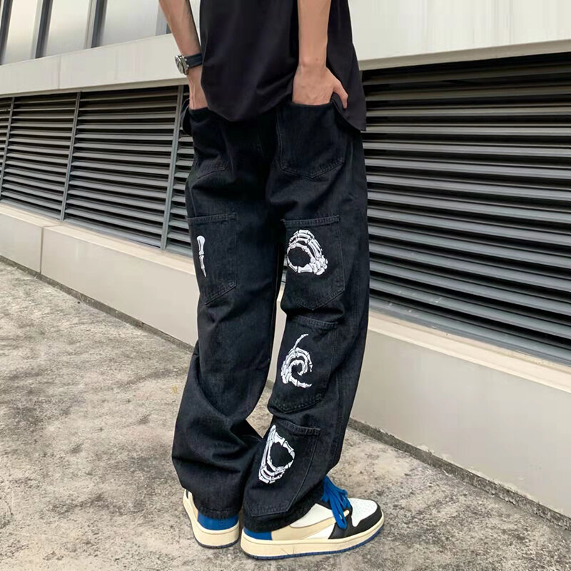 Streetwear Harajuku preto masculino, alt jeans, calça reta de perna larga, calças jeans de cintura alta, roupas grandes, Y2K