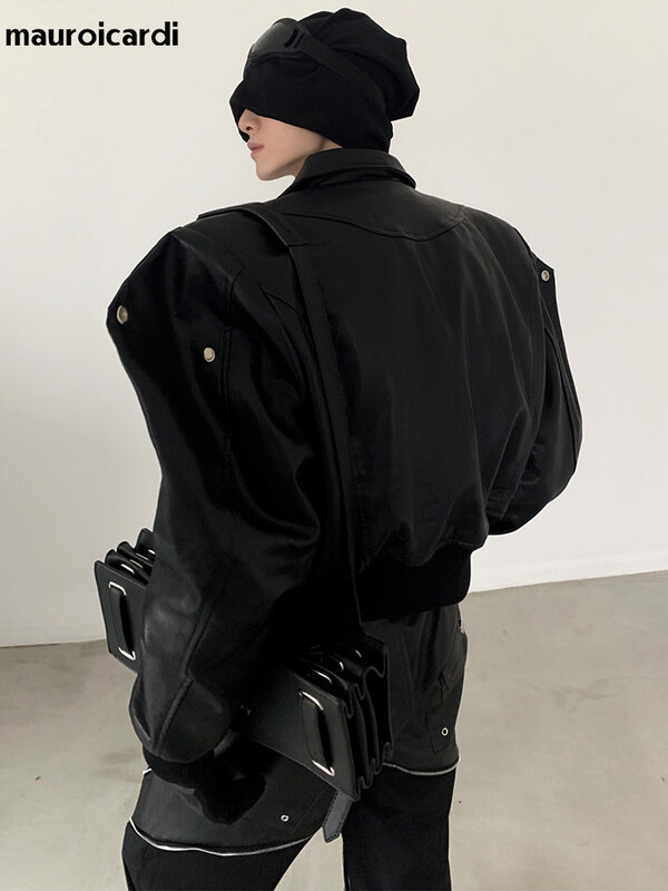 Mauroicardi-Chaqueta corta de piel sintética para hombre, chaqueta de gran tamaño con hombreras y cremallera de manga larga, color negro, primavera y otoño, 2023