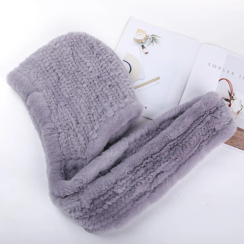 Fur Hat Scarves Real Rex Rabbit Fur Hat For Women New Knitted Cap Warm Natural Fur Hat With Neck Scarves
