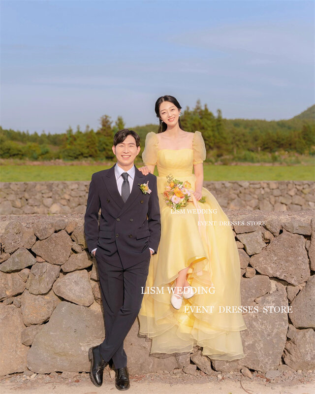 LISMO Vestido de Organza Amarelo, Vestidos de Casamento, Colarinho Quadrado, Um Puff, Curto, Sem Mangas, Vestido, Sessão Fotográfica, Coréia