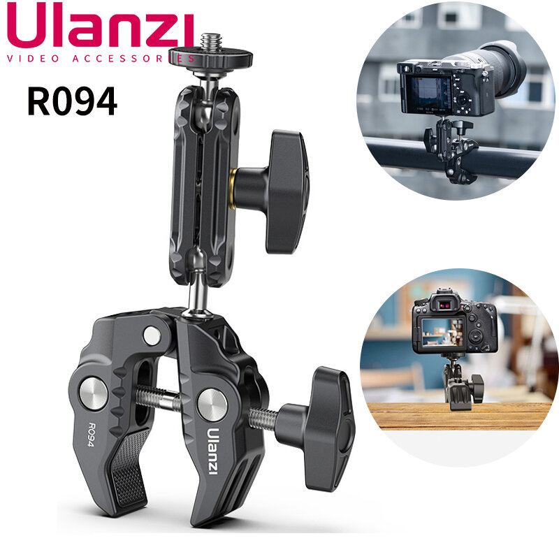 Ulanzi R094 kamera SLR, klem lengan ajaib dapat disesuaikan dengan lubang sekrup 1/4 inci 3/8 inci, dudukan Super untuk lampu LED Monitor LCD