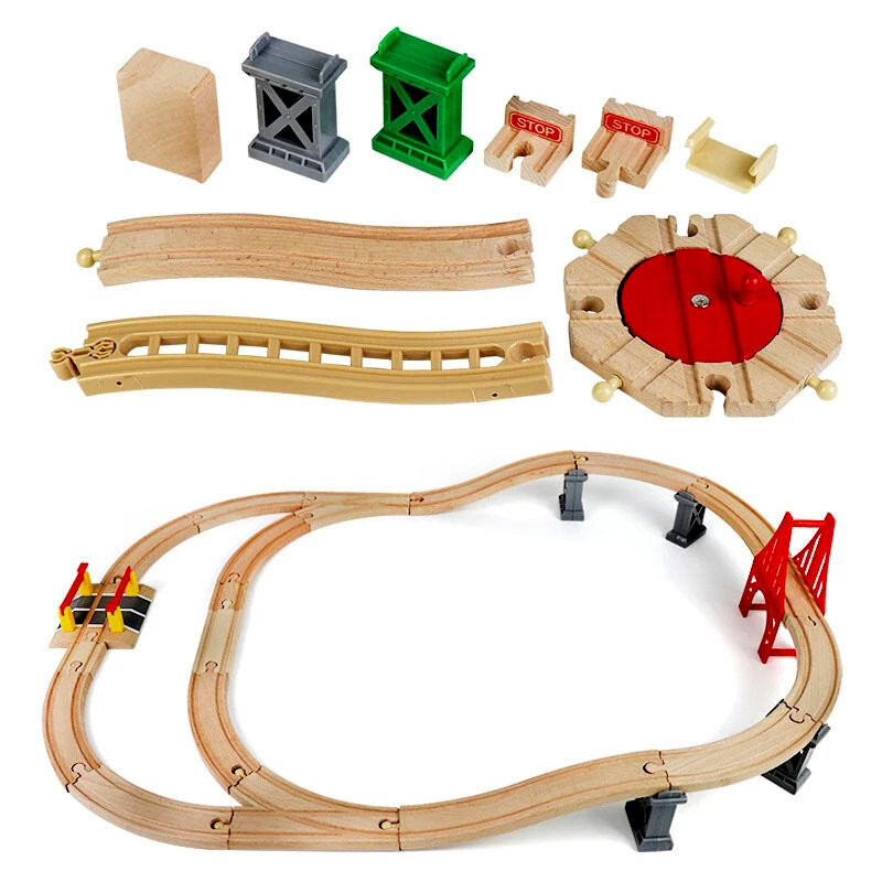 รางรถไฟไม้ของเล่นเพื่อการศึกษาสำหรับเด็กรางรถไฟไม้บีชอุปกรณ์เสริมรถไฟใช้ได้กับ Biro ทุกยี่ห้อ