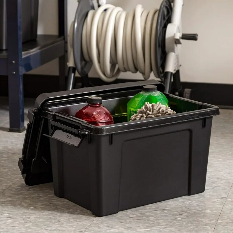 USA 5 Gallon Lockable Storage Totes with Lids, 6 Pack - Black, Heavy-Duty Durable Stackable Containers,