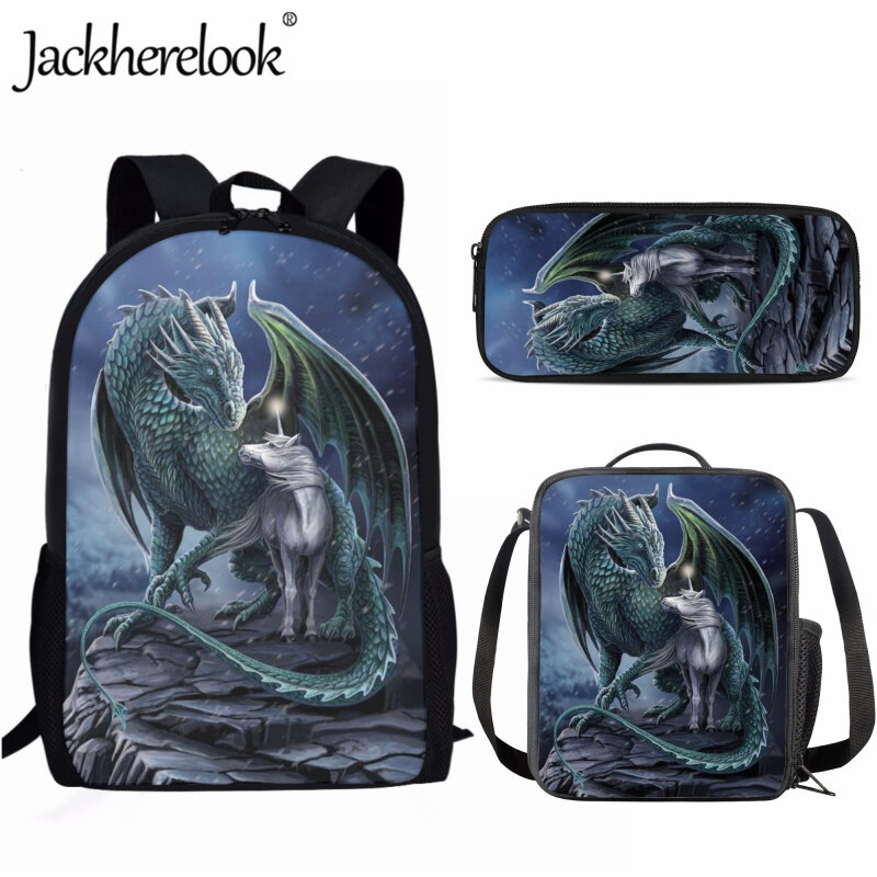 Jackherelook mochila escolar das crianças 3 pçs/set moda dos desenhos animados dragão mensageiro saco lápis caso para meninos almoço