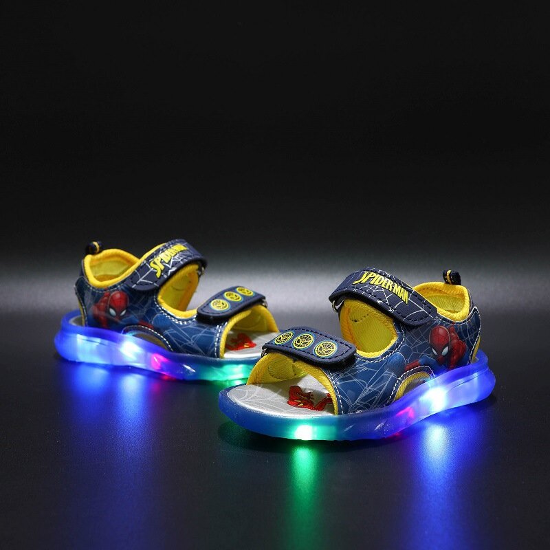 디즈니 마블 소년 소녀 스파이더맨 공주 LED 라이트 업 야광 스포츠 샌들, 여름 어린이 샌들, 유아 신발