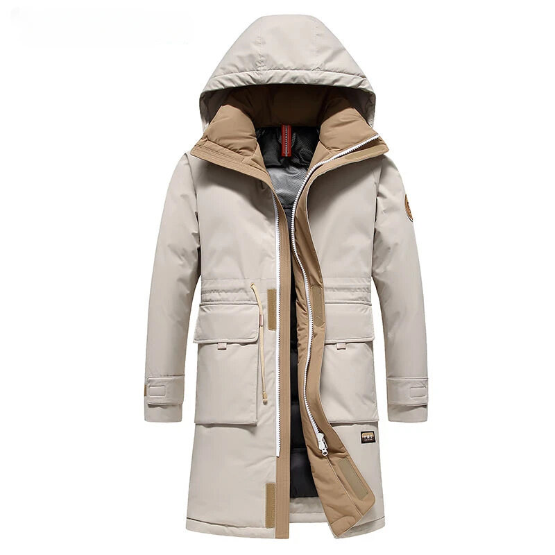 Casaco de parka de comprimento médio masculino, boné com capuz, casaco quente espesso, na moda, baixo, inverno, 2024