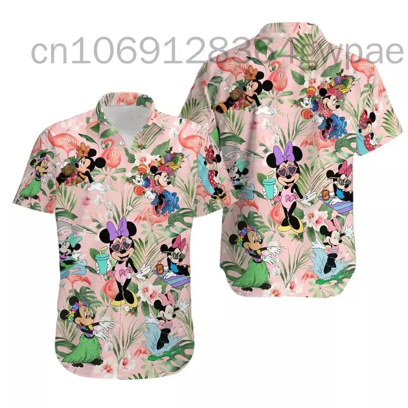 ディズニー-男性と女性のための半袖ミニーマウス,ボタン付きビーチシャツ,ストリートウェア,カジュアルなイブニングウェア