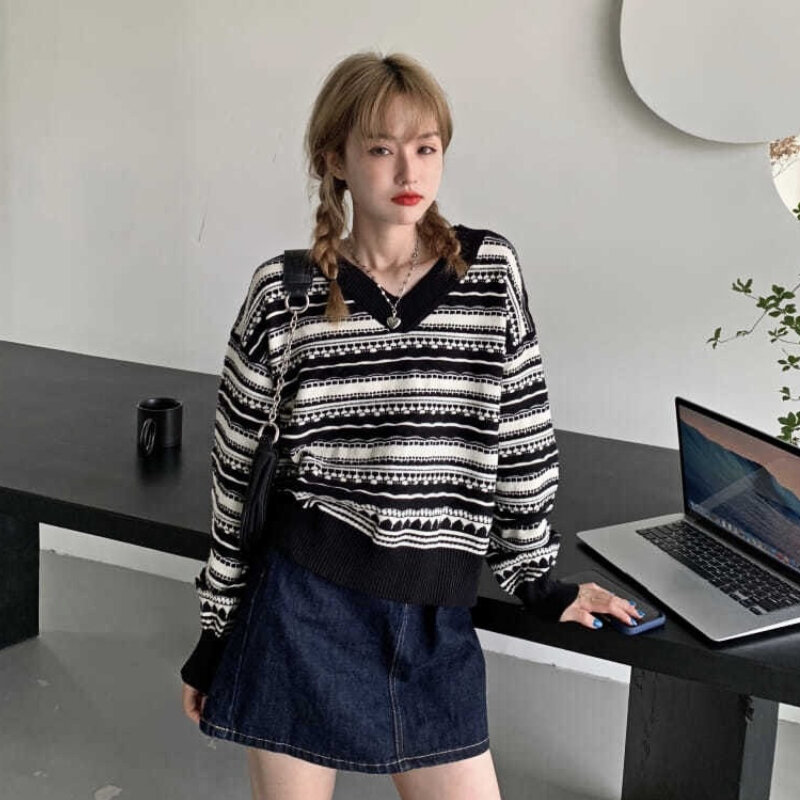 V Neck Pullovers Striped Fashion Korean Style Vintage All Match Harajuku Students Knitted Sweaters Chic Spring Autumn Cloth New