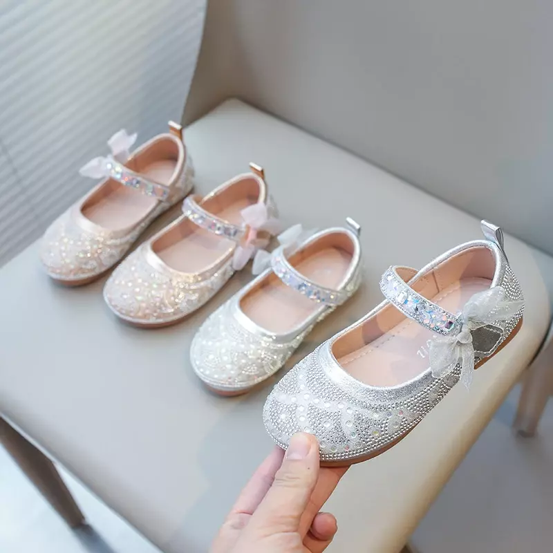 Girls Leather Shoes Kids Dress Shoes for Wedding Party Rhinestone with Lace Bowtie Rhinestone Princess Flats Mary Janes Sweet