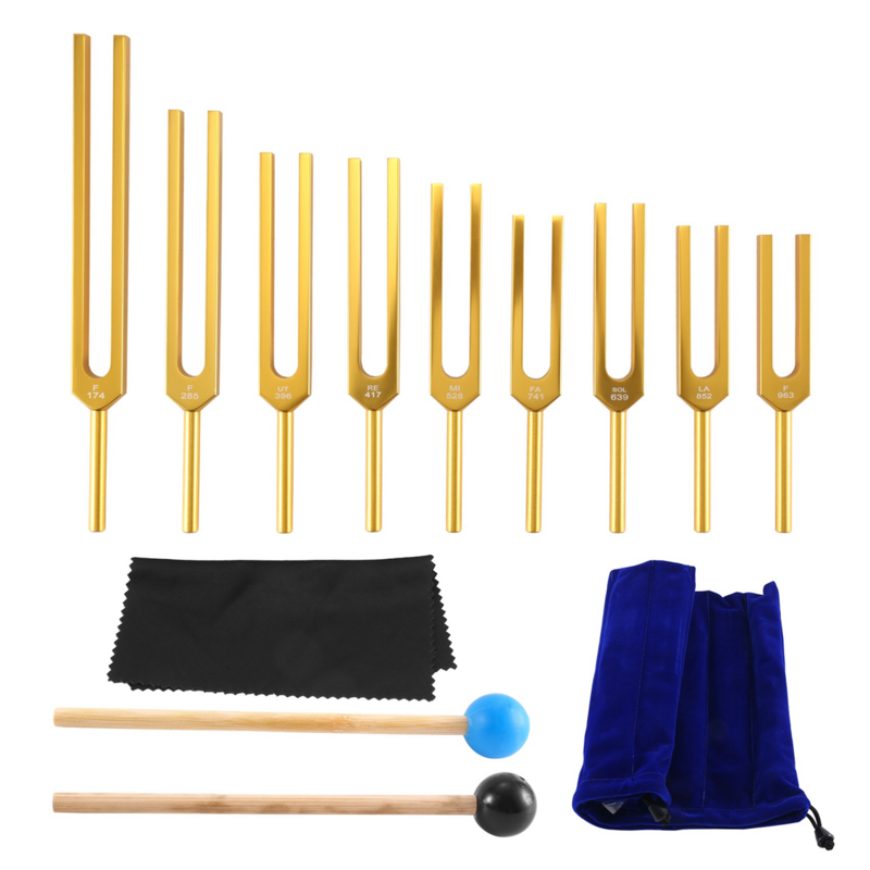 Set garpu Tuning-9 garpu Tuning untuk penyembuhan Chakra, terapi suara, menjaga tubuh, pikiran dan semangat dalam harmoni sempurna-emas