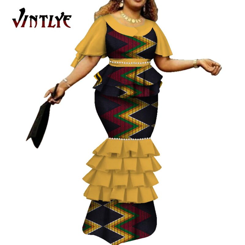 Afrikaanse Jurken Voor Vrouwen Bazin Riche Traditionele Afrikaanse Wax Print Lange Mermaid Jurken Unieke Mouwen Kleding WY7115
