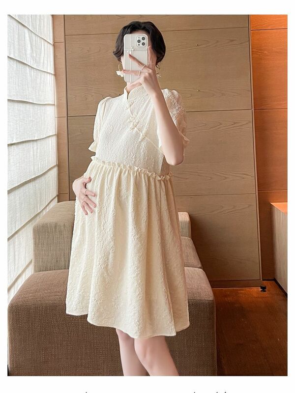 2023 летнее кружевное платье для беременных женщин с пышными рукавами платье для беременных милое лоскутное свадебное платье с оборками бежевый цвет