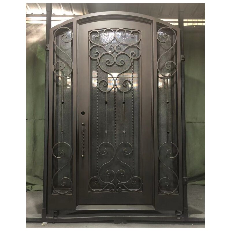 Pre-Hang Arched Top Iron Single Door With Sidelights Wrought Iron Door