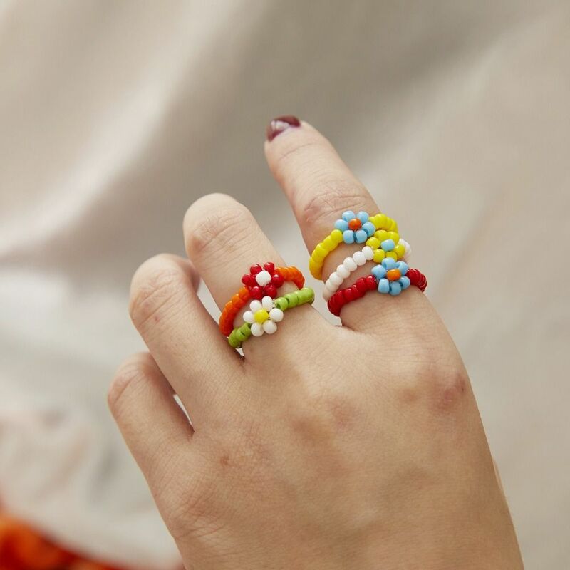 Korean Ins Style Multicolor Flower Rings Handmade Beaded Ring Women Girls Fresh Style Romantic Cute Finger Rings Jewelry No Size