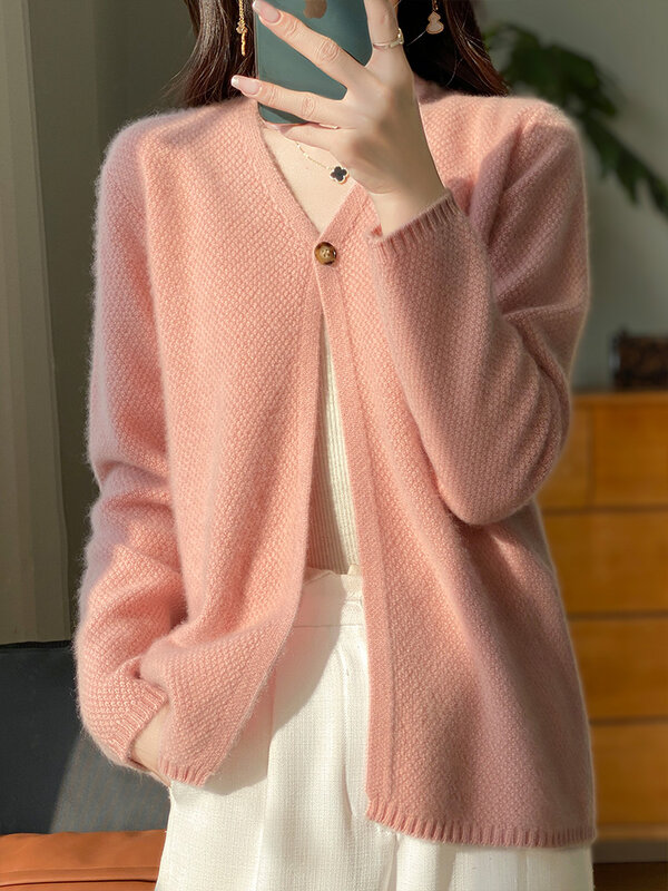 2024 Spring Autumn Women Cardigan 100% Merino Wool  Long Sleeve Sweater Solid Color Soft Knitwear New Fashion Female Shawl Tops