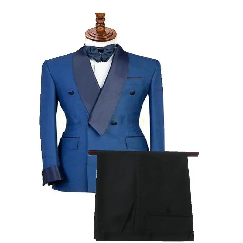 Мужские костюмы, облегающие деловые костюмы, двубортные с брюками, темно-синие свадебные костюмы с воротником-шалью, индивидуальный пошив