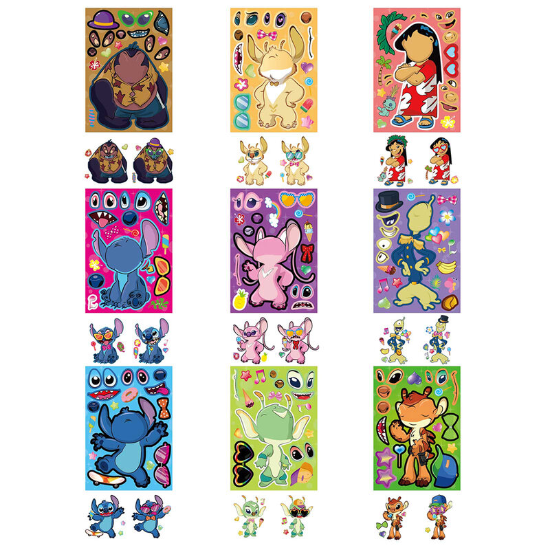 Pegatinas de rompecabezas de dibujos animados de Disney Stitch para niños, calcomanías de bricolaje divertidas para niños, juguetes para juegos de fiesta, 9/18 hojas