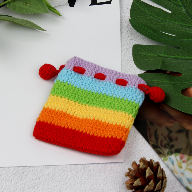 Saco de cordão de malha manual para mulheres, Coin Pouch, Crochet de lã, Saco de cartão arco-íris