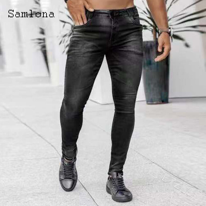 Samlona-Calça casual demin lápis masculina, moda europeia, jeans com zíper, moletom rasgado, buraco, jeans, calça lápis, 2023