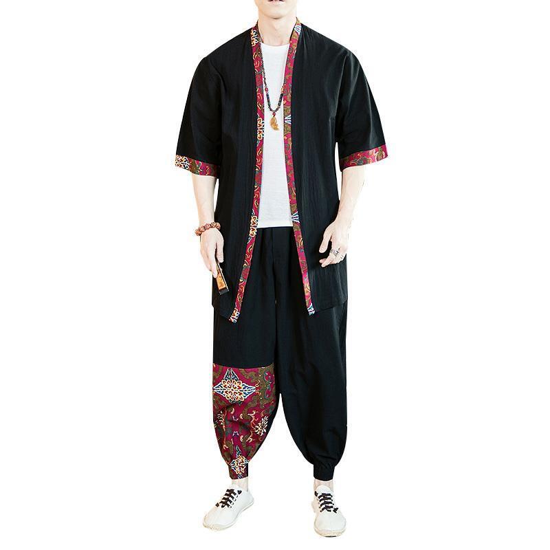 Vintage Chinese Heren Zomer Dunne Kimono Shirt & Broek 2 Stuks Cardigan Tang Pak Retro Japanse Kimono Robe Casual Pak Kleding Sets