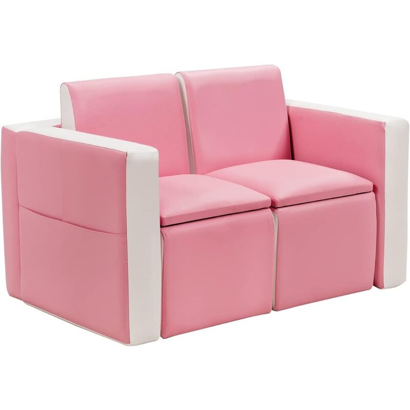 Sofá convertible 2 en 1 para niños, mueble de dos plazas con almacenamiento, chaise longue de cuero de PVC, color rosa y blanco