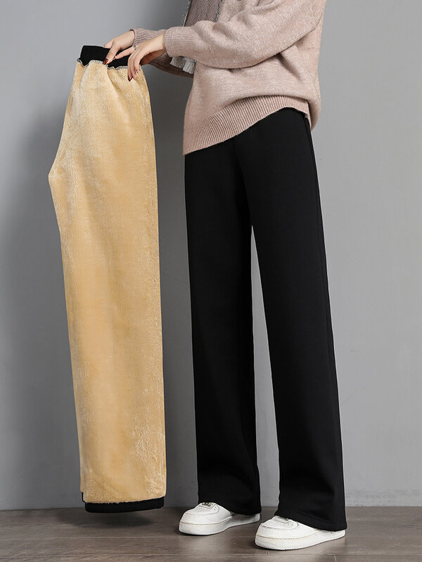 Kobiety ciepłe zimowe plusz gruby spodnie Lambskin kaszmirowe spodnie wysokiej talii bawełniany polar luźne kobiece spodnie szerokie nogawki PELEDRESS