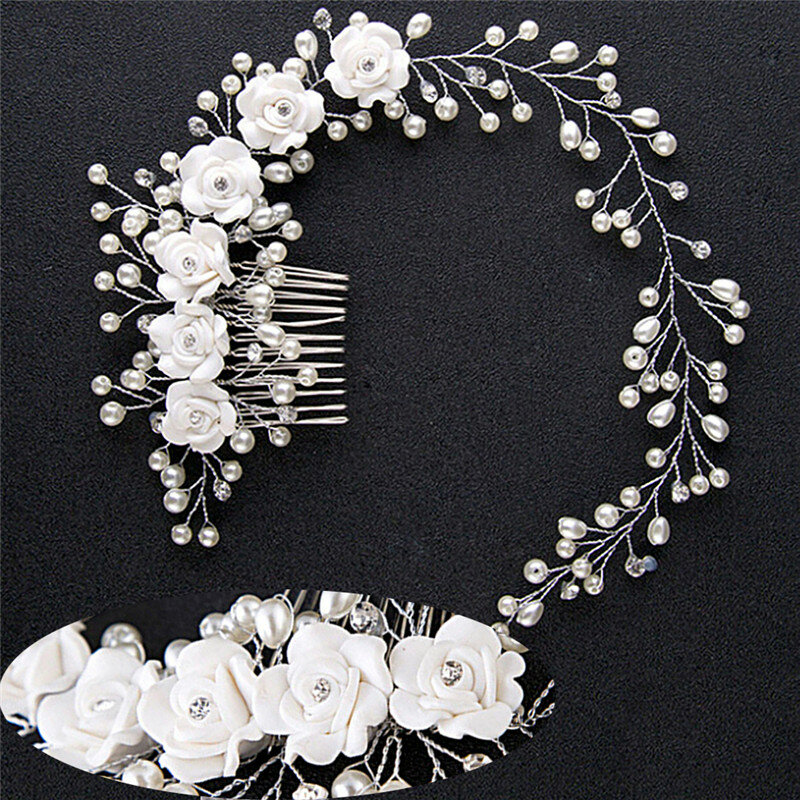 Aksesori rambut pernikahan wanita, berlian imitasi pengantin sisir mutiara tiara untuk wanita elegan kristal klip rambut pesta perhiasan rambut pernikahan