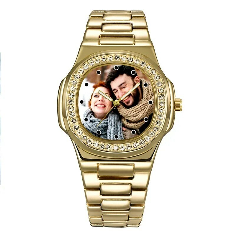 Reloj de diamantes de imitación de color dorado y negro para hombres, reloj de foto personalizado, cara, diseño creativo, logotipo, Relojes personalizados, regalo de bricolaje para hombres