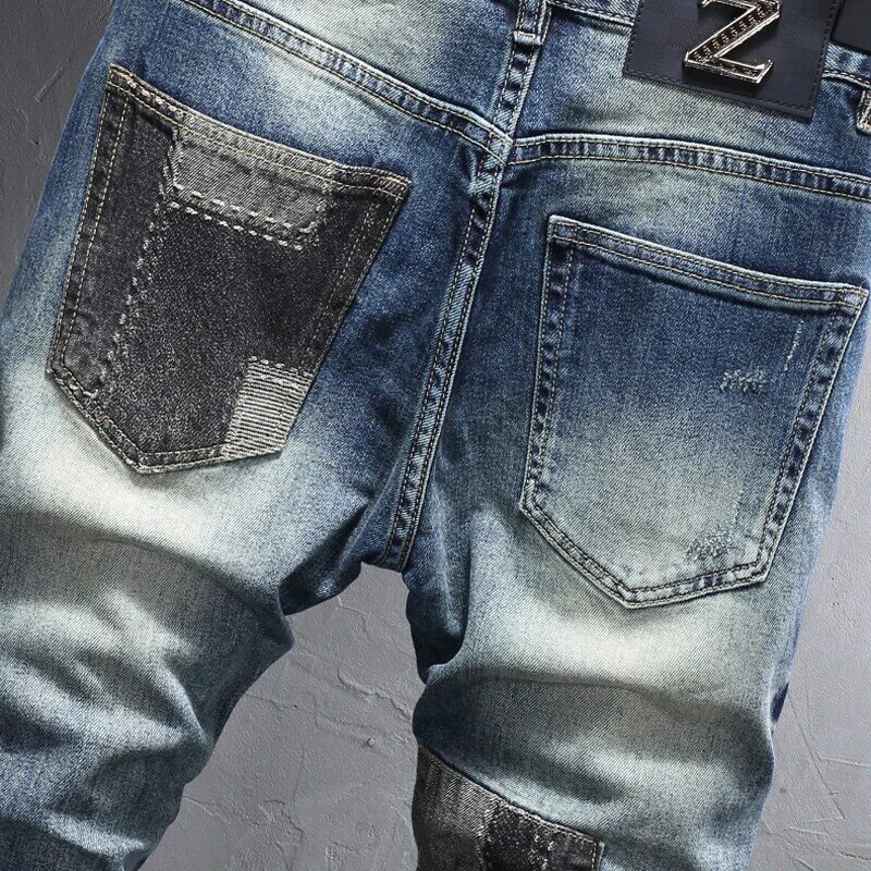 High Street Jeans Pria robek ketat elastis, celana jins Retro biru tua elastis elastis pas badan dengan tambalan Splice pria