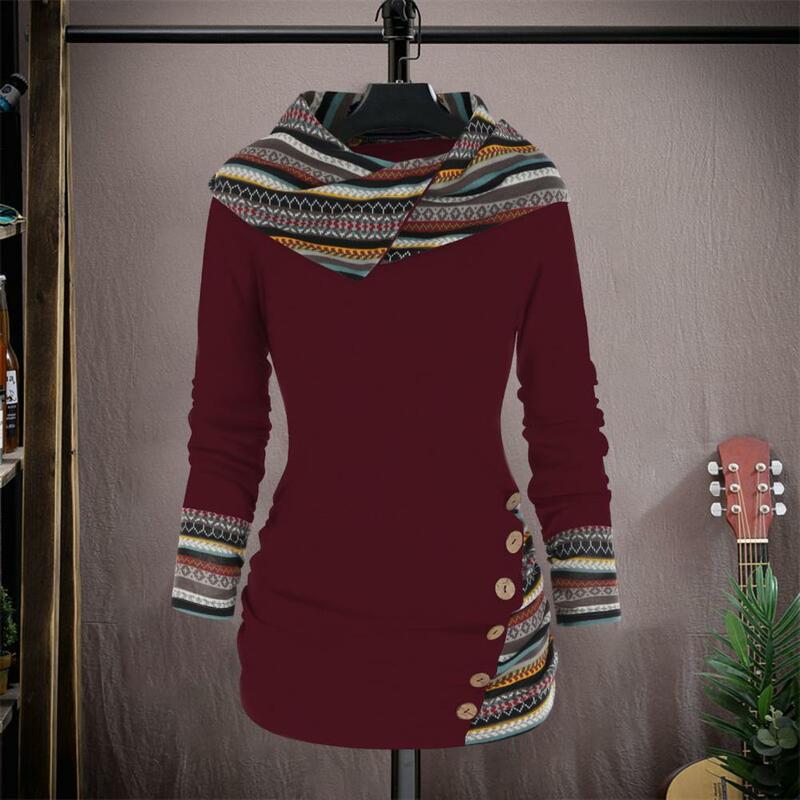 Women Hoodie Ethnic Style Geometric Stripe Hoodie with Button Decor Women's Autumn Winter Mid-length Sweatshirt Elastic