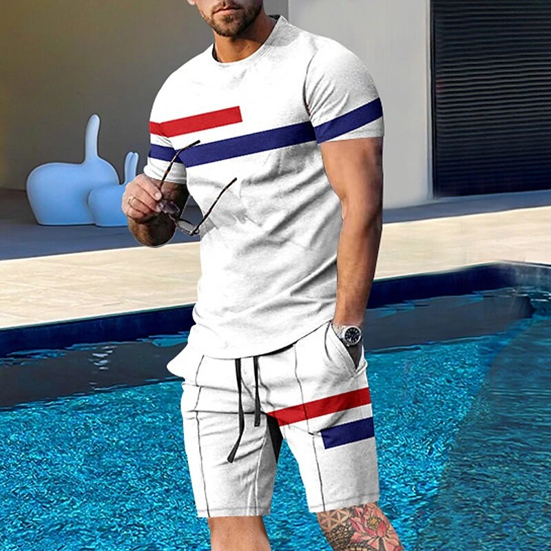 Men T-shirt Set Plus Size 3D Printed Color Block Graphics New Fashion Designer Round Neck Short Sleeve 2 Large Size Casual Suit