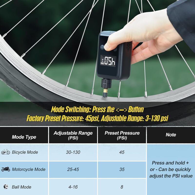 Pompa sepeda elektrik portabel, pompa sepeda Mini 120 PSI dengan pengukur tekanan PSI Digital, pompa udara sepeda