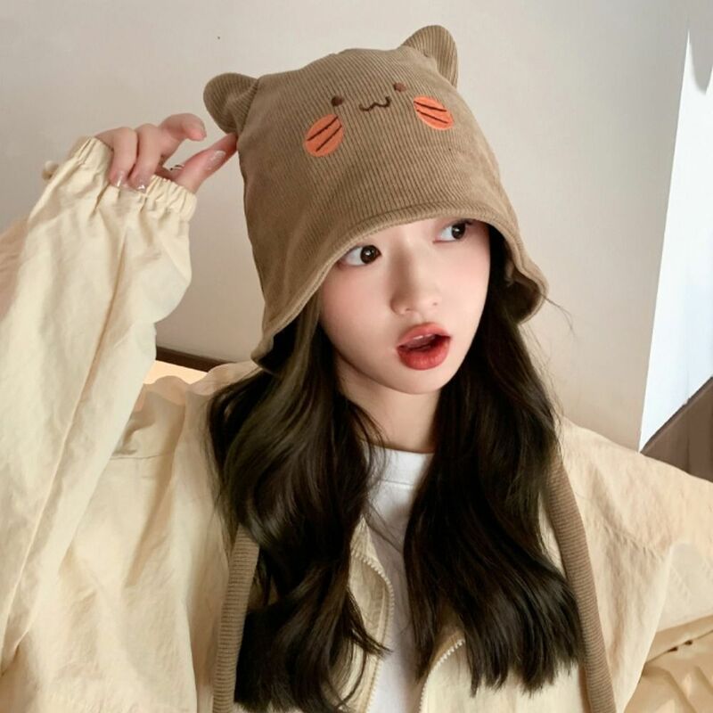Koreańska, z haftem urocze kocie uszy czapka typu Beanie dla kobiet dziewczęca czapka ochrona słuchu zimowa ciepła czapka