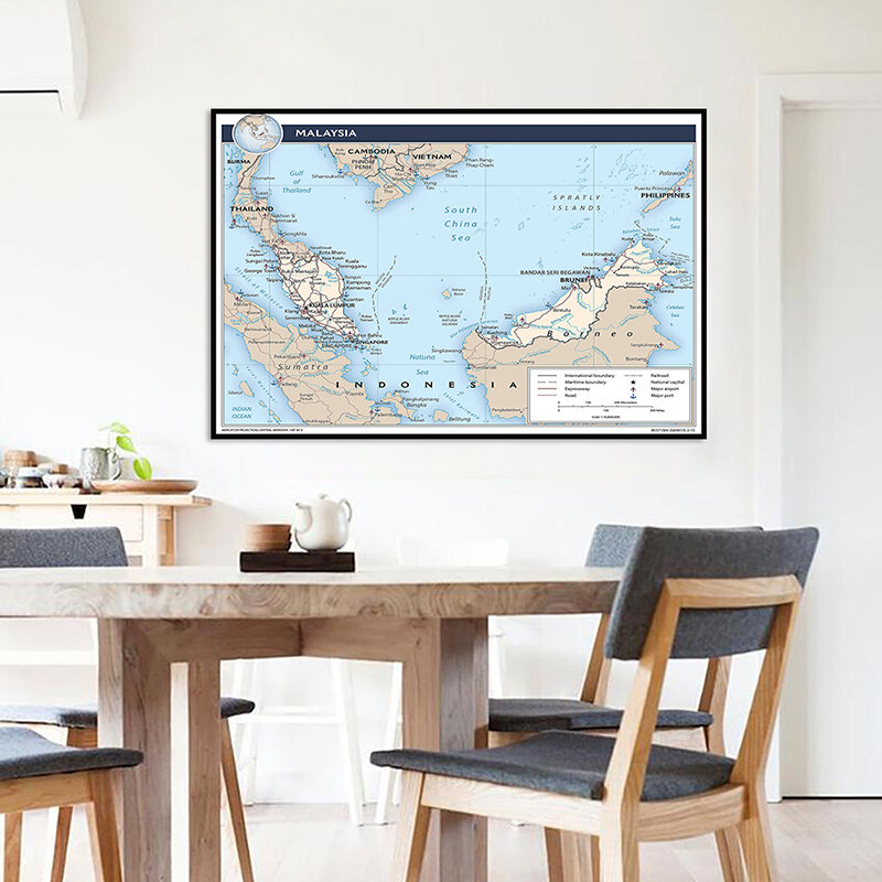 90*60cm mapa da malásia parede decorativa mapa não tecido pintura em tela sem moldura cartaz e impressão sala de estar decoração para casa