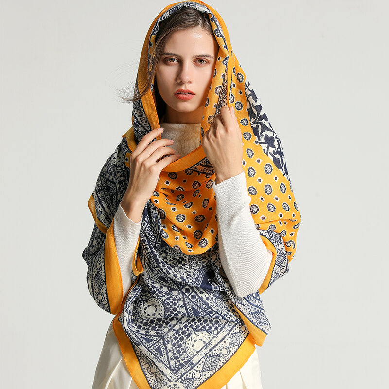 Syal Katun Merek Mewah Mode Wanita Selendang Besar Pasmina Hijab Foulard Echarpe Desain Print Wanita Pantai Mencuri Syal Kepala