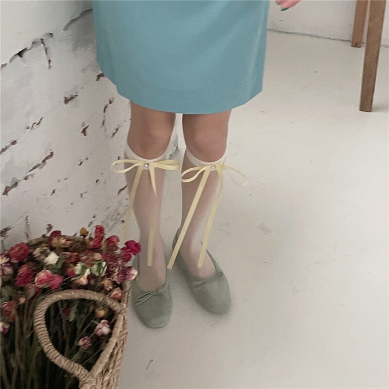 ถุงเท้าผูกโบว์โบว์ริบบิ้นสไตล์บัลเลต์คอร์ถุงเท้าแก้วสีขาวครีมหวานสำหรับฤดูใบไม้ผลิและฤดูร้อน
